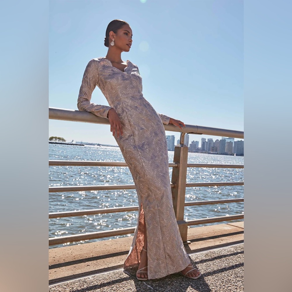 JS Collections Sonia Scallop Column Metallic Embroidered Gown Maxi Dress